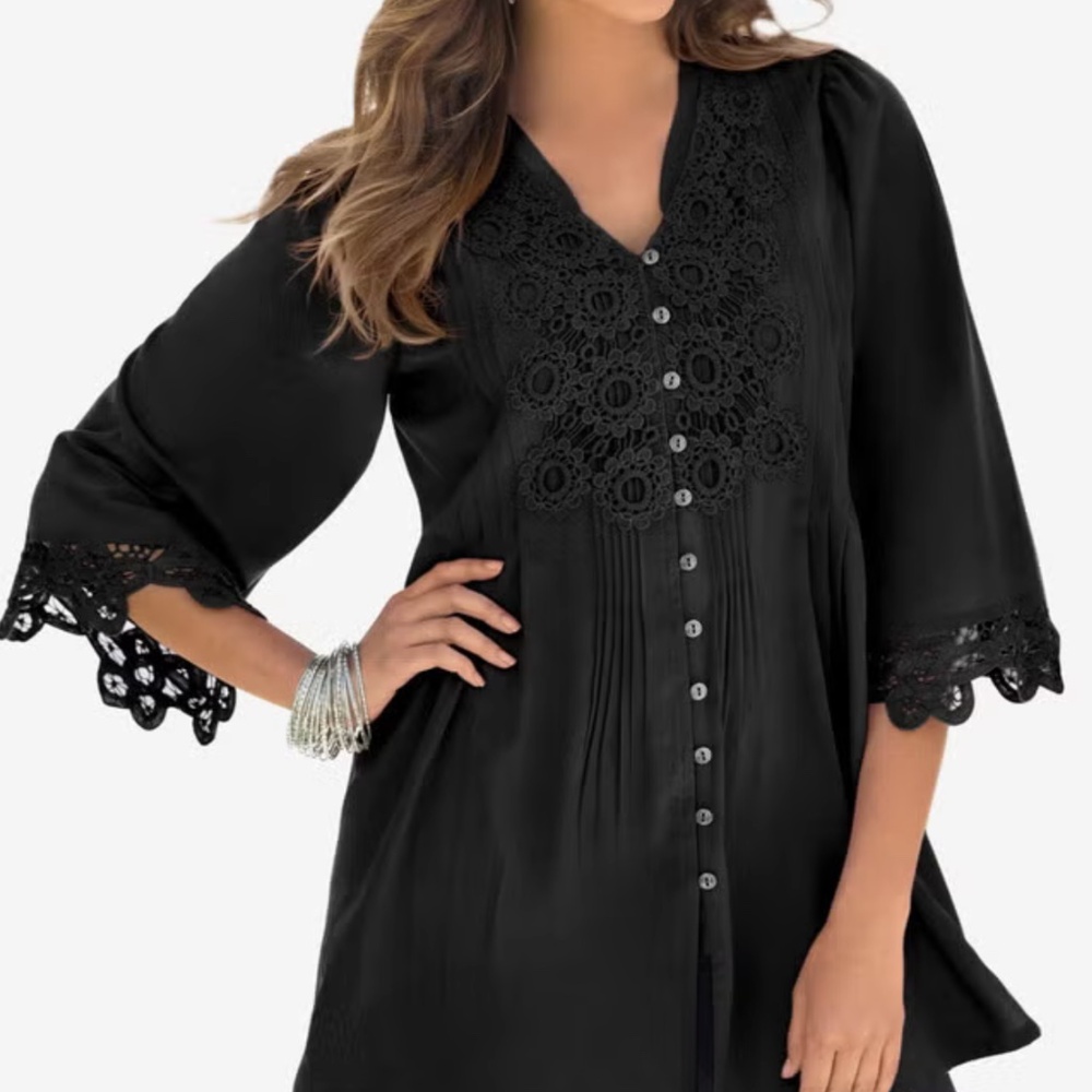 Roaman's Women's Plus Size Juliet Lace Big Shirt Size 24W Black